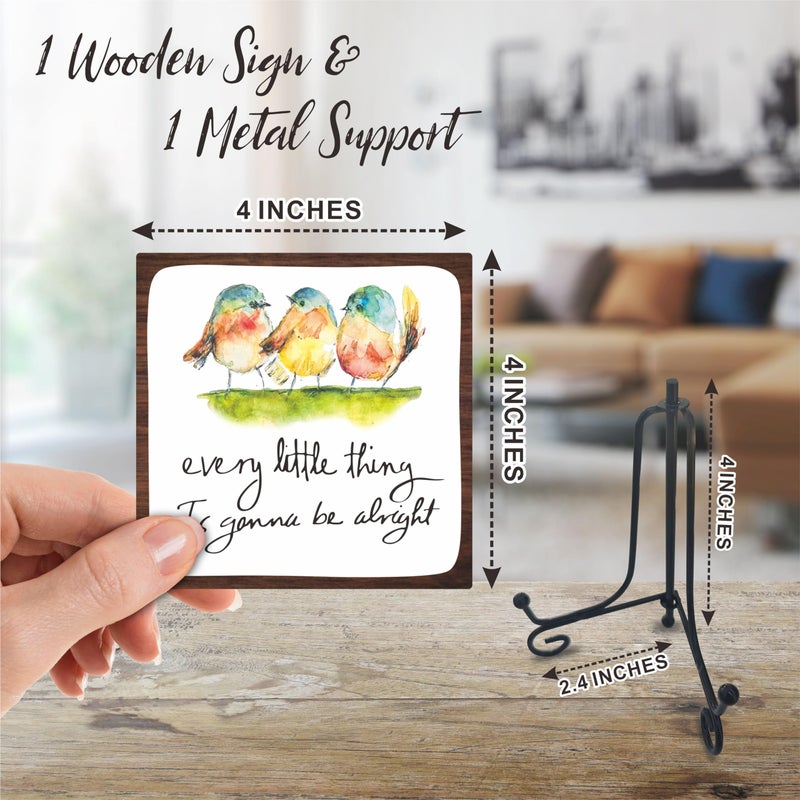 Tabyon 4"" Wooden Sign With A Metal Support - Every Little Thing Is Gonna Be Alright - Watercolor Adorable Birds  Positive Quotes Wooden Plaque Desk Decor  Uplifting Gifts  Home Decorations & Gifts - A20 - Image 2